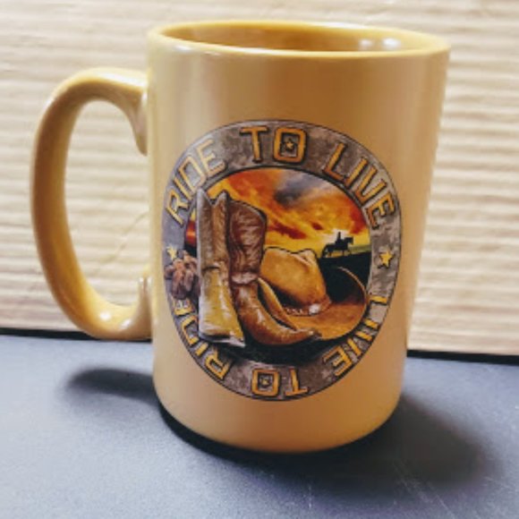 Vintage Tan Cowboy Western Coffee Mug "Live to Ride" with Boots and Saddle - Picture 4 of 4